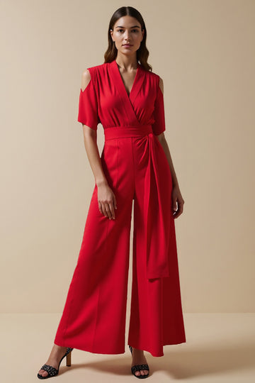 Red V-Neck Jumpsuit with Short Sleeves